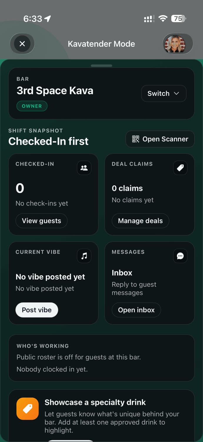 HappyKava Kavatender Mode dashboard