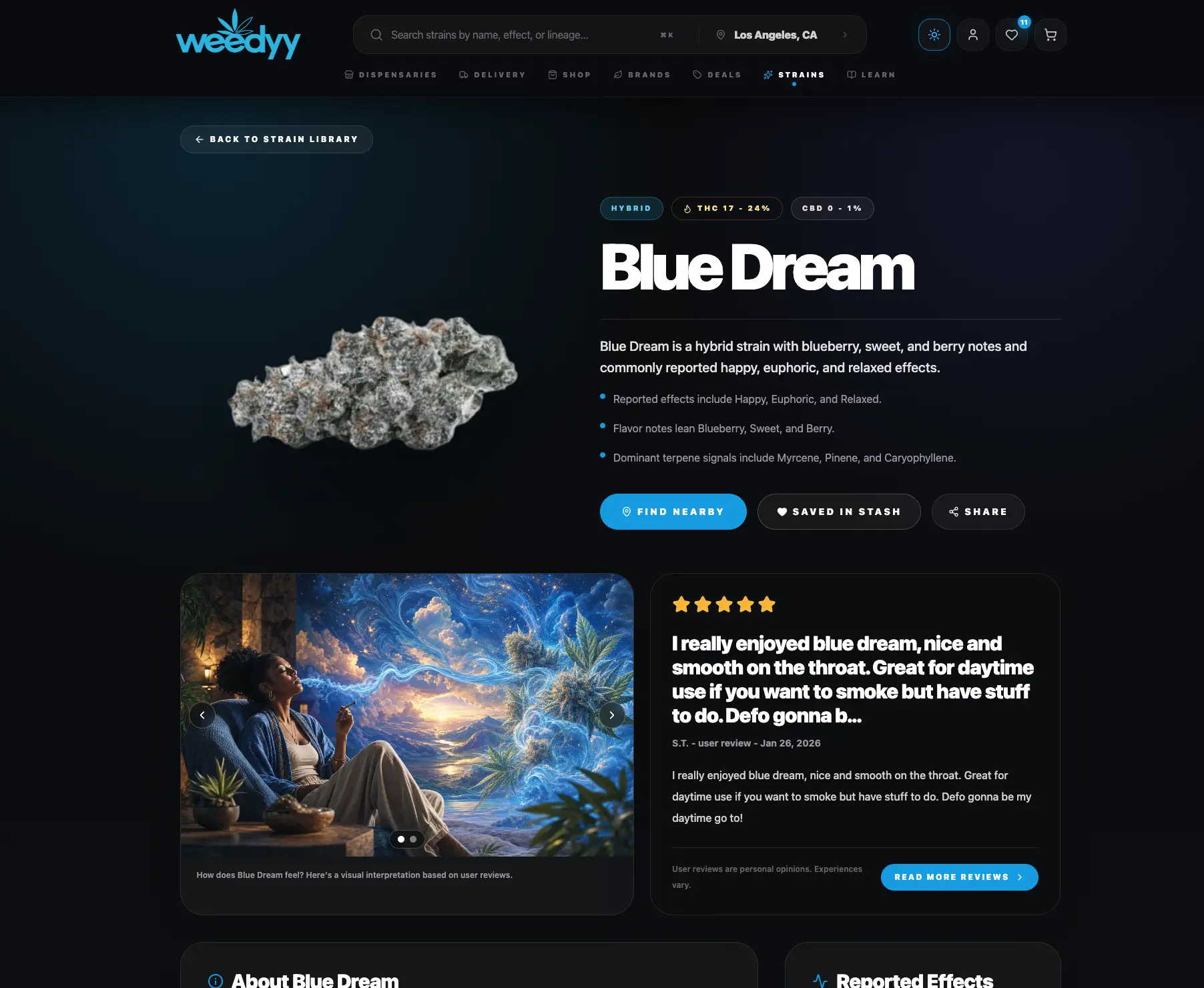 Weedyy cannabis strain details interface
